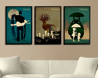 Hayao Miyazaki Vintage Poster Set - Laputa: Castle in the Sky, Princess Mononoke, My Neighbor Totoro