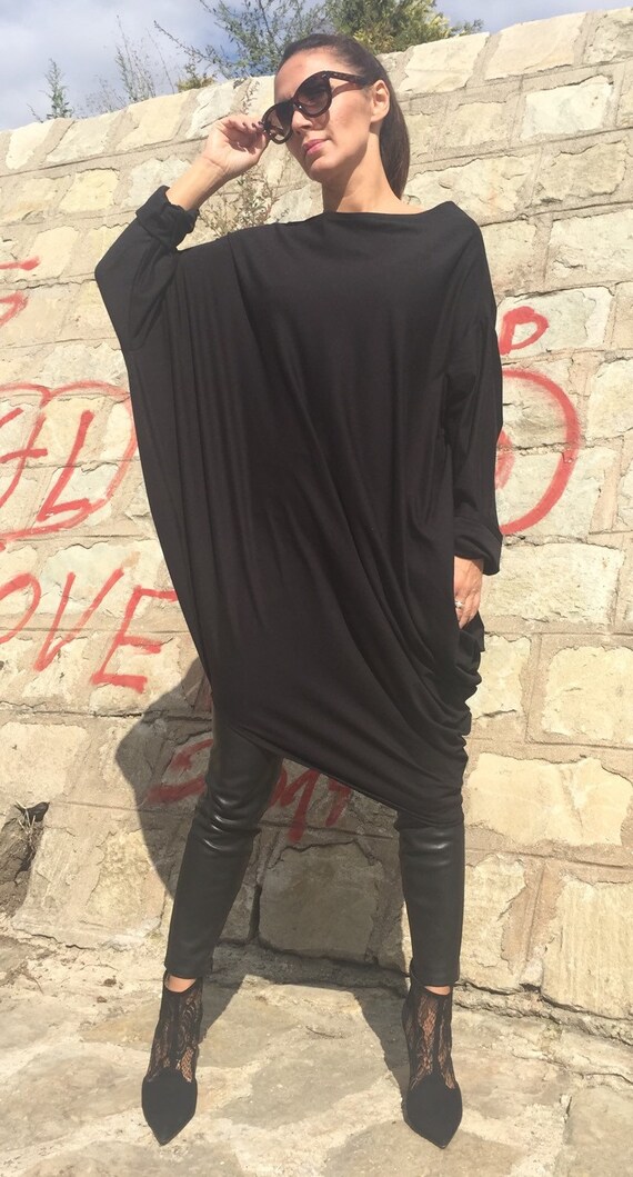 Maxi Asymmetrical Black Dress/Plus Size Black Tunic/Maxi