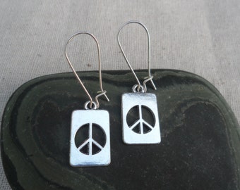 Silver Peace Sign Earrings - Simple Everyday Silver Tag Earrings - Peace Jewelry
