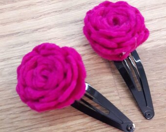 Cerese/fushia felt rose hair clips, girls party hair, birthdays, girls stocking filler, girls christmas gift, wedding, christening, flower