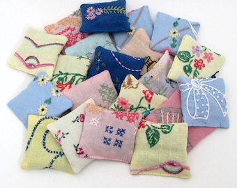20 Dried Lavender Sachets - Embroidered Sachets - Colorful - Assorted Colored Fabrics - Party Favor - Vintage Linens - Embroidery