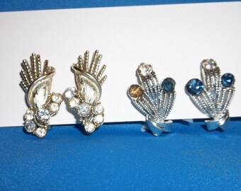 2 Pairs Vintage CORO RHINESTONE Clip On EARRINGS Signed Gold tone & Silver tone