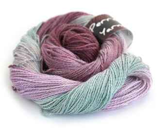 Hand dyed DK, double knitting baby alpaca linen silk blend, light worsted crochet yarn skein, Perran Yarns Rainbow Flourite plum lilac teal