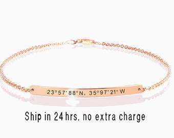 Personalized bracelet for women, Friendship Bracelet, Gps Coordinate, Bracelet bar, Wedding gift, Bridesmaid gift, Engraved bracelet.