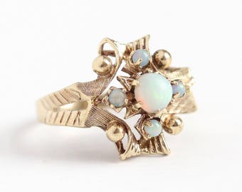 Vintage Opal Ring - Retro 10k Rosy Yellow Gold Genuine Gem Cabochon Cluster - Size 5 Victorian Revival 1950s Esemco Statement Fine Jewelry