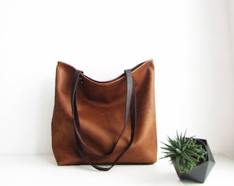 Cognac Tote Bag, Large tote bag, Distressed, Rustic Look, Casual tote, Eco vegan leather, Shopper,