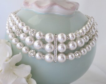 Pearl choker, Swarovski pearl bridal choker, Crystal and pearl wedding necklace, Multi strand pearl necklace, Pearl and rhinestone choker