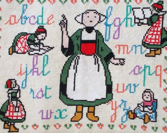 Completed Small Needlepoint, Vintage French Needlepoint Tapestry, Alphabet, writing. L'écriture (8524s)