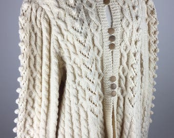 Vintage 80's Irish Legendary brand cream colored wool nouveau traditional Fishermans' style cardigan