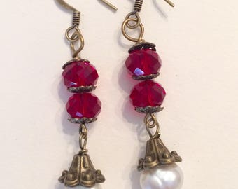 Downton Abbey Inspired Garnet and Fresh Water Pearl Earrings