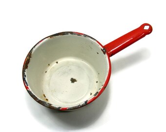 Red and White Enamel Sauce Pan Vintage Kitchen