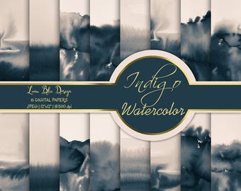 Indigo Digital Paper, Indigo Watercolor Digital Paper, hand painted watercolor backgrounds, watercolor scrapbook paper, watercolor textures