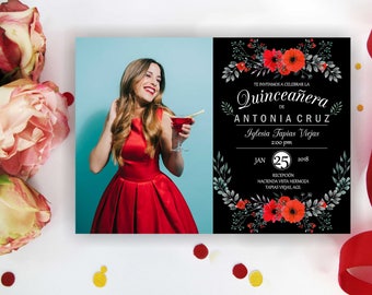 Red Quinceanera invitation with/ without photo. Quinceanera Birthday Invitation, Quinceanera Invites, Quinceanera party, Digital