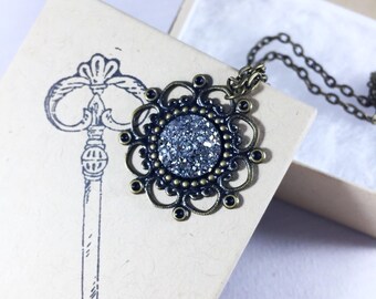 Special Occasion Necklace, Silver Druzy Necklace, Valentine's Gift, Silver Druzy Pendant, Filigree Pendant, Bridesmaid Jewelry, Vintage