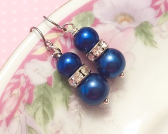 Blue Pearl Earrings, Blue Rhinestone Earrings, Blue Pearl Drop Earrings, Short Dangle Earrings, Royal Blue Earrings, KreatedByKelly (DE1)
