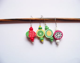 Fun Fruit Stitch Markers - set of 4 - knit knitting fruit charms, food stitch markers polymer clay