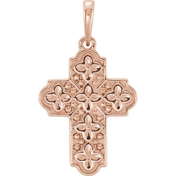 14k Rose Gold Cross Pendant Ornate Cross Floral Cross