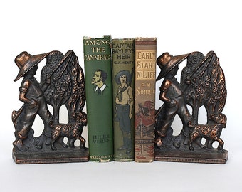 Antique Bookends - Fishing Decor - Metal Bookends - Cast Iron Bookends - Boy Fishing Statue - Fishing Gift - Kids Bookends - Fisherman Gift