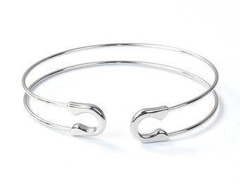 Bangle Bracelet Silver Tone Open Cuff High Quality Safety Pin Style - N056