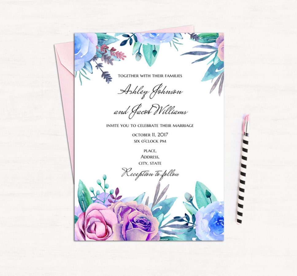 floral wedding invitation template purple invites blue purple wedding invitation template