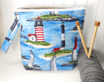 Knitting project bag, lighthouse knitting bag, nautical project bag, knitters gift, knitting pouch, work in progress, lighthouse bag