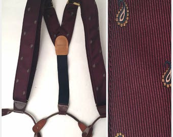 Dark Red Paisley Nordstrom Suspenders 80s Vintage Silk Leather Button Tab Adjustable Burgundy Braces