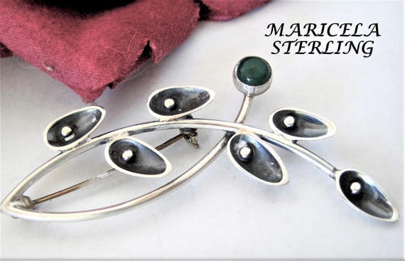 Taxco Sterling Brooch, Maricela Tasco, Estate Brooch, Green Chalcedony Stone, Sterling Silver Pin