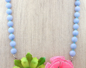 Pastel Necklace, Statement Necklace, Collage Necklace, Recycled Necklace, Recycled Jewelry,Upcycled Jewelry, Lime Necklace, Cornflower Blue