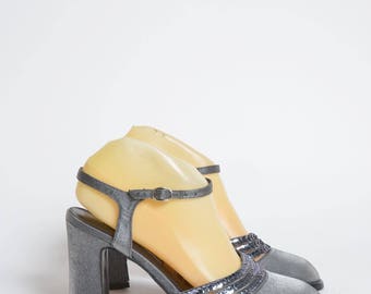 Vintage 90's Silver Chunky Heel Shoes with Sequins