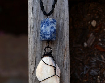 Beach Jewelry - Shell and Sodalite Necklace - Wirewrapped with Black Copper, Hemp Chain - Ecofriendly, Fair Trade, Men's, Woman's