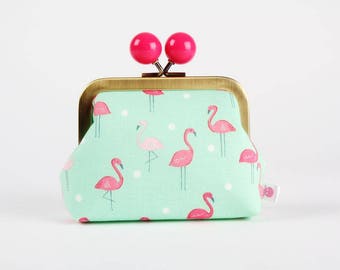 Metal frame coin purse with color bobble - Flamingoes in paradise - Color dad / Pink tropical bird / Mint green / Pink dots/ Jetsetter