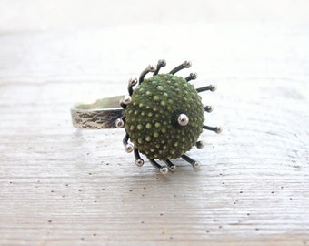 Green Sterling Silver ring Sea urchin ring Sea anemone
