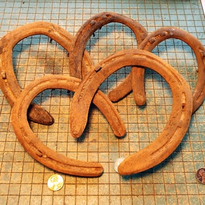 2 crusty rusty horseshoes, craft supply, cowboy decor, rustic cabin, welding craft, western wall hanger, rodeo
