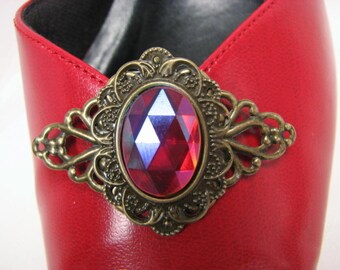 Red Shoe Clips Filigree Ruby Faceted Cabochon 1 Pair to wear with Flats, Pumps, Heels