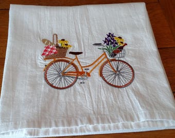 Picnic bicycle embroidered tea towel, dish towel, flour sack towel, kitchen towel, spring kitchen, spring decor, gift for her