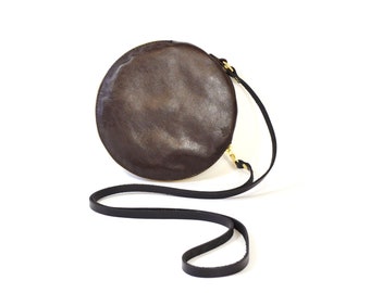 Cici - Handmade Brown Leather Round Shoulder Bag Zip Pouch Purse