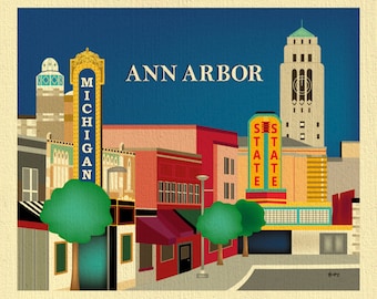 Ann Arbor Michigan Print, Ann Arbor Skyline, Ann Arbor Main Street, University of Michigan, Loose Petals Wall Art Print - style E8-O-ANN-MI