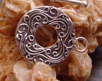 Fancy Ornamented Round Bali Toggle Clasp, Oxidized Sterling Silver .925, Swirl Design, 21mm with 22mm bar, SCL217
