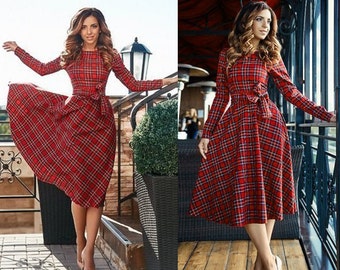 Tartan knee length dress Plaid midi dress casual flared dress with long sleeves party dress every day dress checkered dress