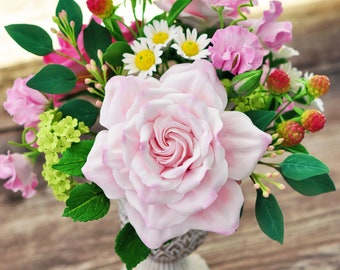 CLAYCRAFT by DECO - Clay floral arrangement with roses, viburnum, eucalyptus berries and leaves, sweet peas, daisies and berries