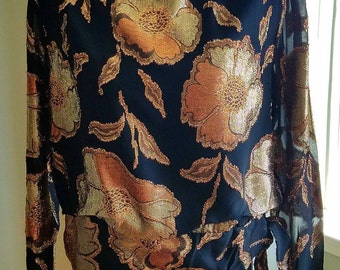 Vintage 1970s Hal Ferman Iridescent Black Blouse with Gold/Copper Metallic Floral Applique and Side Bow. Size Medium