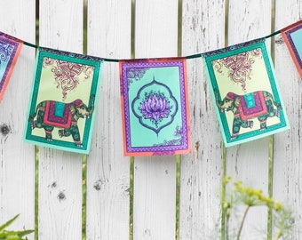 CELEBRATION prayer flags Indian Elephant decor Indian style Bunting Lotus art Banner Bohemian decoration Gypsy garland Hippie Wall hanging