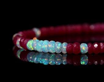 Genuine Ruby and Opal Bracelet, Natural AAA Ethiopian Opal & Red Ruby Jewelry, Sterling Silver, July October Birthstone, Mother's Day Gift