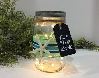 Beach Theme Mason Jar Light / Flip Flop Zone / Battery Operated String Lights / Beach House Decor / Starfish Decor / Beach Party Decoration