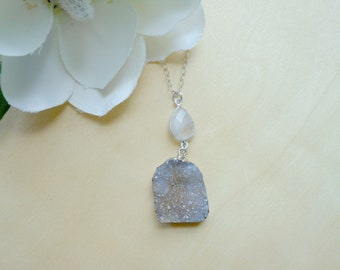 Crystal Druzy Pendant Necklace, Moonstone Necklace, One of a Kind, Boho Style, Statement Necklace, Gift For Her, Drusy