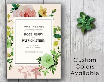 Printable Wedding Save The Date PDF - Vintage Watercolor Rustic Floral Flowers (Your Choice in Colors!)