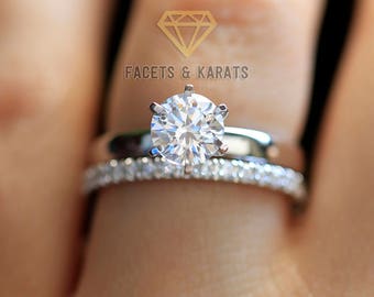 Solitaire Engagement Ring Wedding Band Bridal Set 1.50 Carat Solid 14k White Gold Lab Created Man Made Synthetic Simulated Diamonds