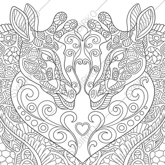 Download Two Giraffes in Love. Coloring Page for Valentines day