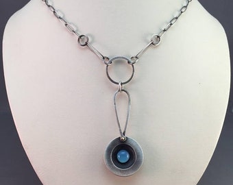 25% Off Chalcedony Cabochon Sterling Silver 14K Gold Industrial Mid Century Metalwork Necklace Pendant