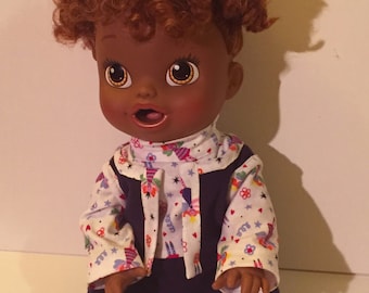Baby Alive doll clothes, 12-13 inch doll, Navy Pants, Vest, White print Jersey Set